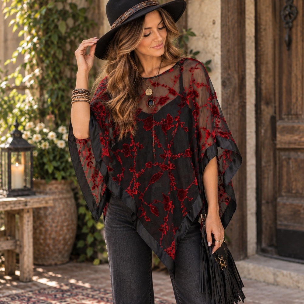 Kari's Place Poncho Women Large Black Red Velvet Floral Burnout Mesh Boho Sheer